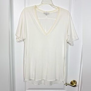 ADAM Adam Lippes Pima Cotton Deep V Neck Tee Ivory Large